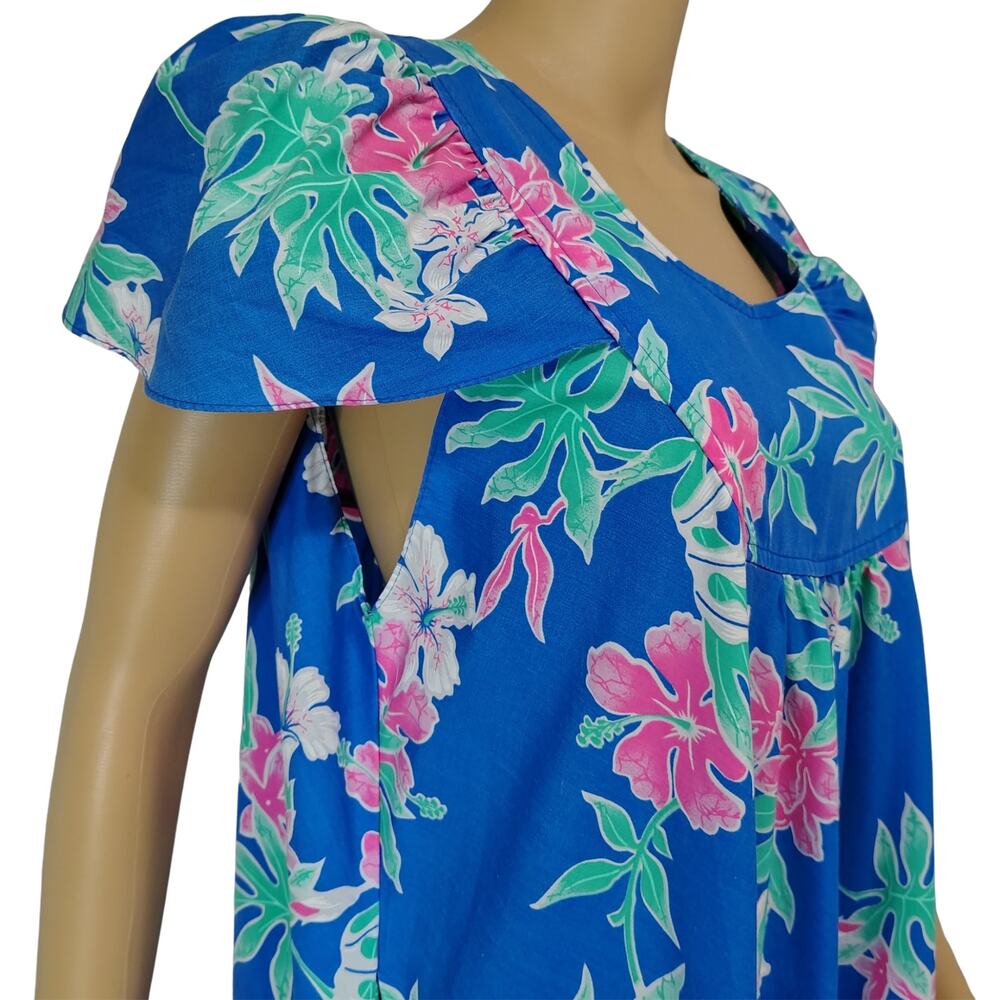 1970s Blue Tropical Pressed Flower Printed Dress Cap Sleeves Ruffle Hem Size L